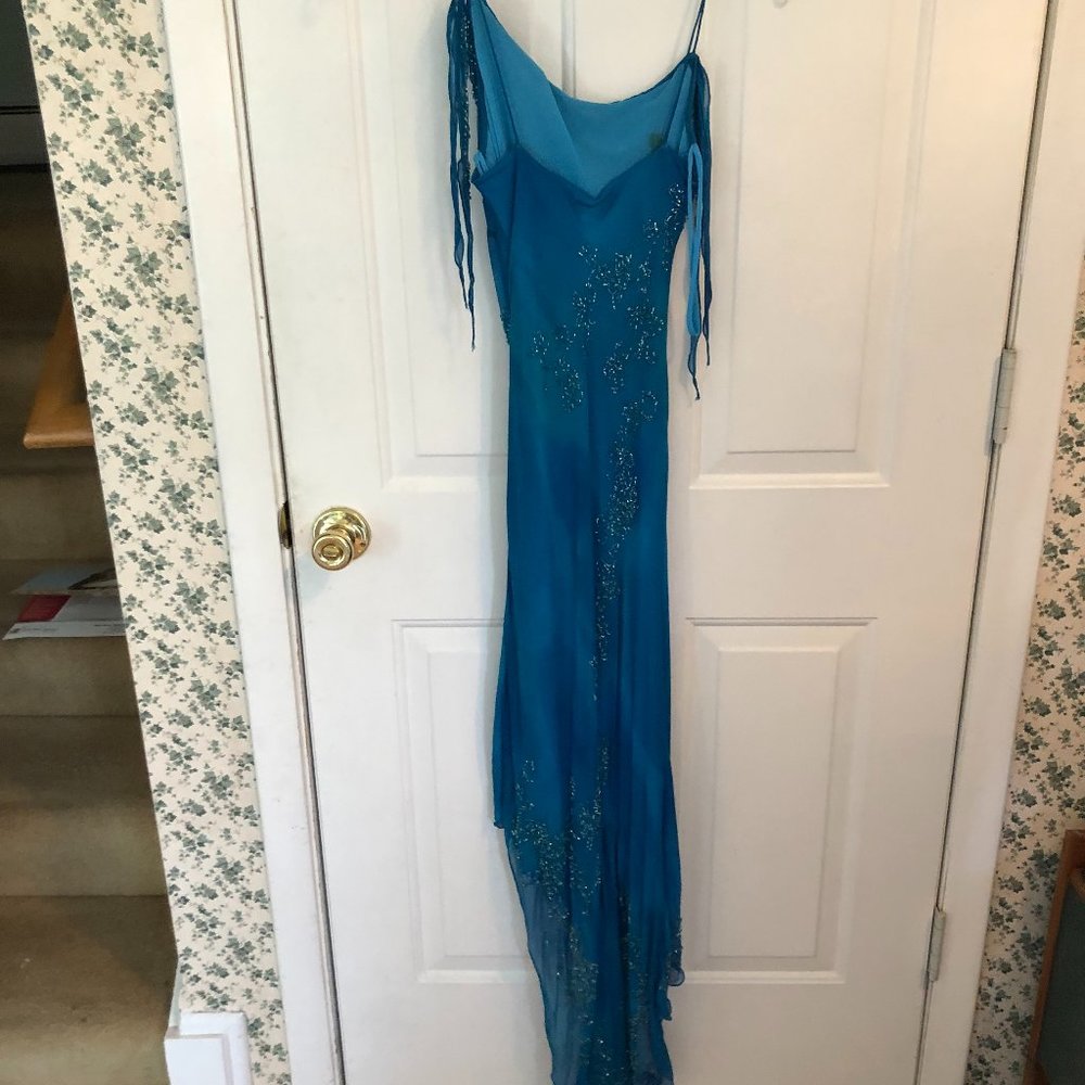 Light As Air Teal Spaghetti Strap Gown with Beading and Train